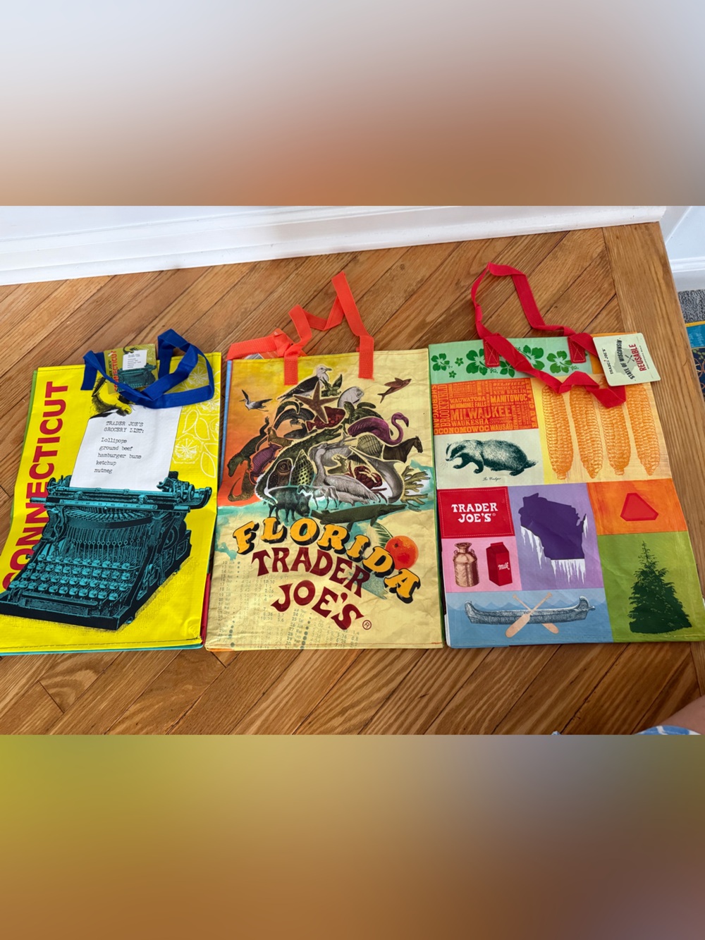 Trader Joe’s reusable tote bags. Three new unused bags. One from each state. $15
